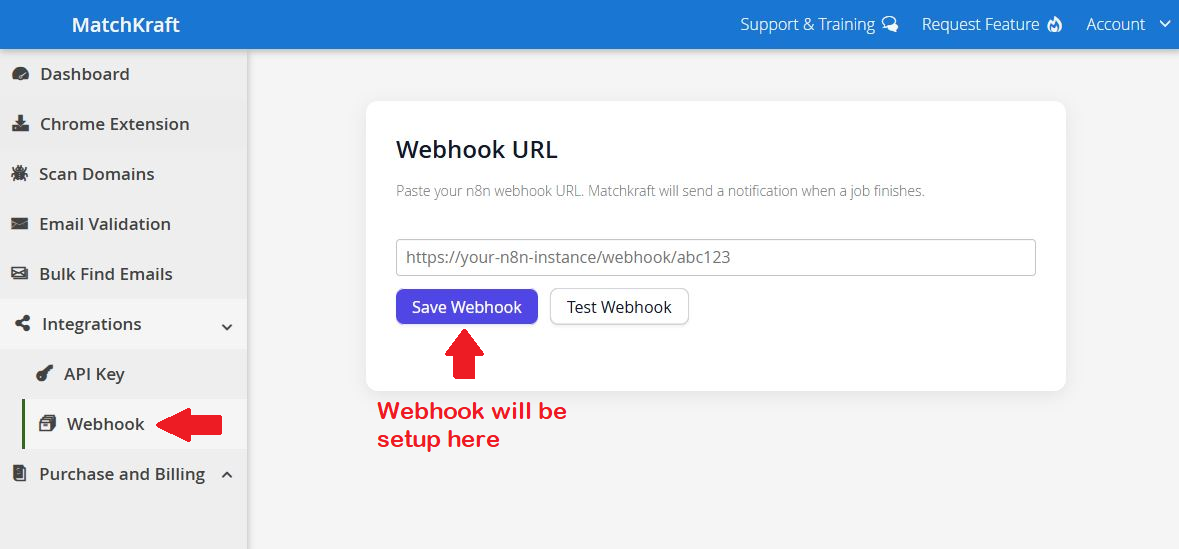MatchKraft dashboard showing the Webhook URL setup screen under Integrations → Webhook