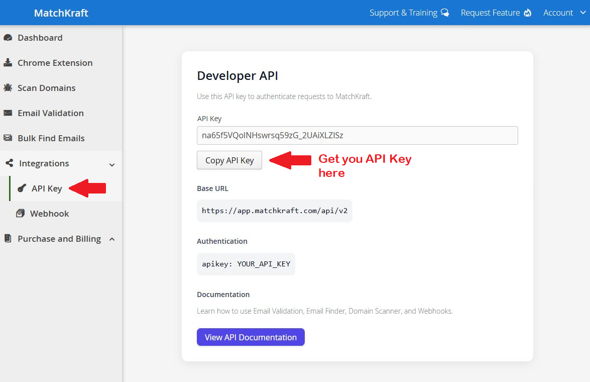 MatchKraft dashboard showing where to find your API key under Integrations → API Key
